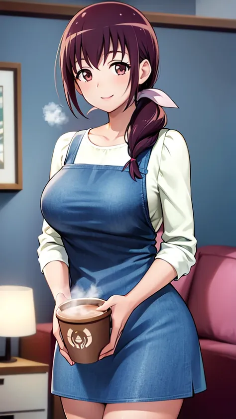 starry sky nurture, hair tied back, young face, large breasts, coffee in the living room, smiling, happy