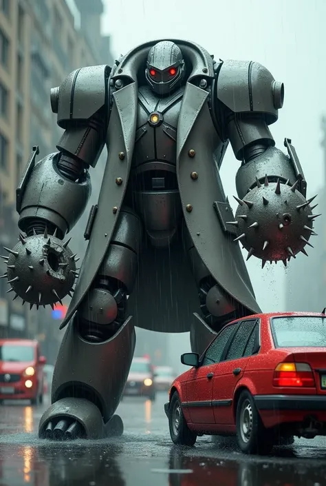 A steel human robot wearing a trench coat is smashing a car、The robot&#39;s arms are equipped with iron balls with spikes that can destroy cars.、rain、Dynamic composition、A human-sized, car-destroying humanoid robot!!