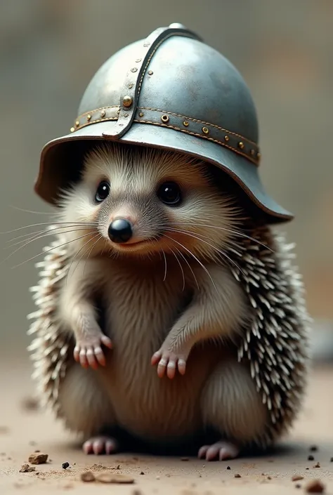 A hedgehog wearing a war helmet looking at the camera from the side

