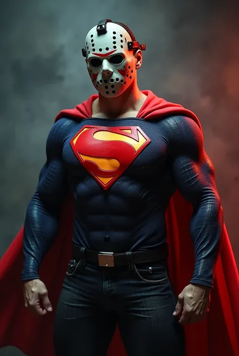 Create image of Jason Voorhees ripping shirt like Clark Kent Superman