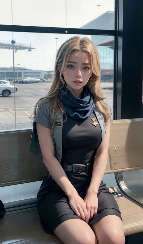 AMBER HEARD (BLONDE beauty), (BLONDE beauty, Create a 3D image, Beautiful flight attendant by profession: Brown hair, Black dress uniform with grey belt and navy blue scarf, sitting on the benches in the terminal in the foreground, the airport terminal in ...