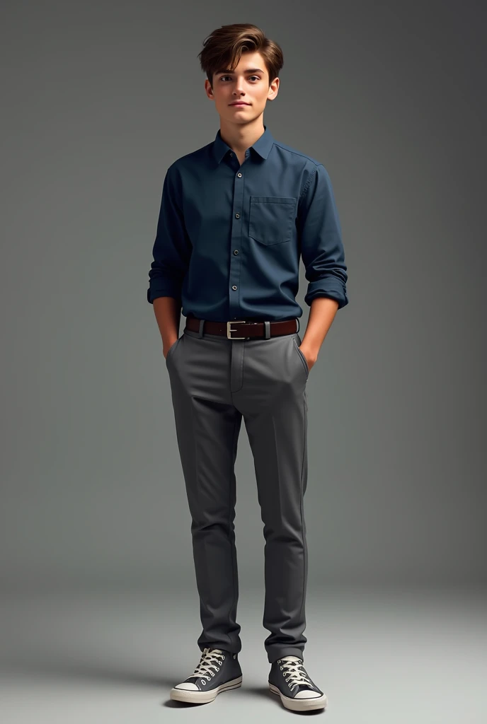 A teen  with dark blue formal shirt and  grey formal pant and grey sneakers 