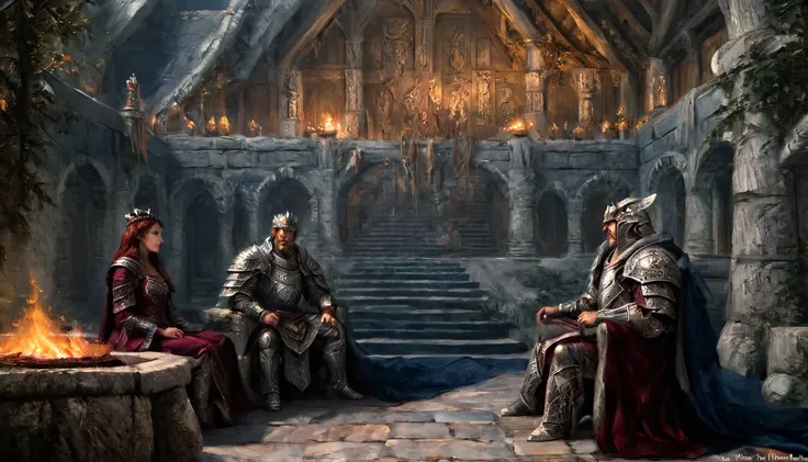 In the heart of the grand throne room, reminiscent of Dragonsreach in Whiterun, the flickering light of torches casts long shadows over the intricately carved wooden thrones. The massive beams above creak under the weight of time, while the stone walls are...