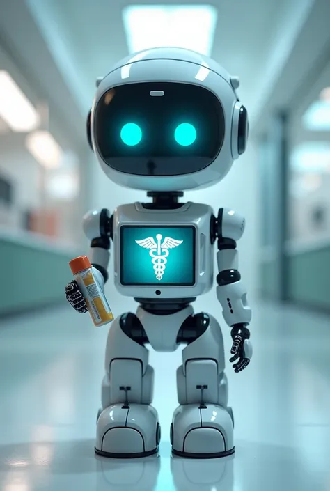 3d small ai bot with caduceus on its screen face, have a medicine on its hands, more