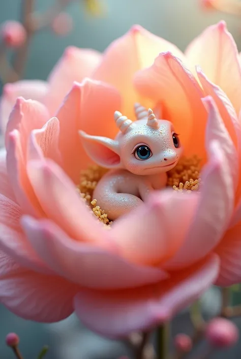 A cute baby dragon, its body small and delicate, curled inside a giant pastel-colored flower. The dragon’s soft scales shimmer with a light golden glow, its eyes wide with curiosity. The flower petals gently cradle the dragon, creating a peaceful, magical ...