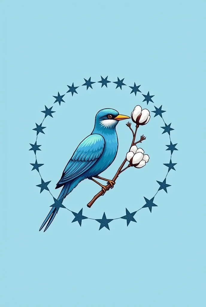 Draw a pastel blue flag, that in the middle as a logo there is a torogoz and that in its beak it holds a branch of cotton painted white (just the logo) and a circle of fourteen stars surrounds the logo