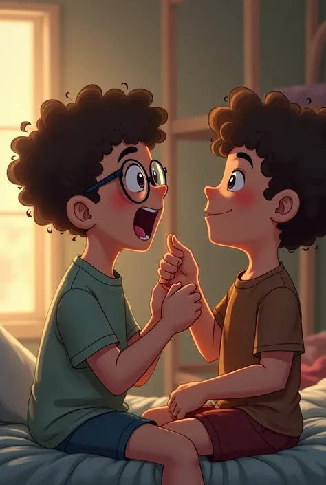 A boy with glasses, white skin, curly hair, with his penis out, in a room with a bunk bed, giving his penis to his friend. 