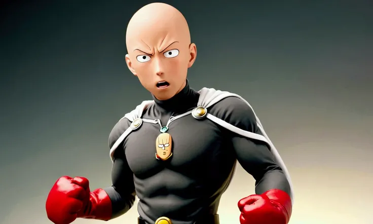 (claymation) Saitama (one punch man in hero costume. in a punch pose, confused look on his face) is confused, he just punched the enemy cyborg and exploded it, Japan (obviously comically cheap clay animated series)
