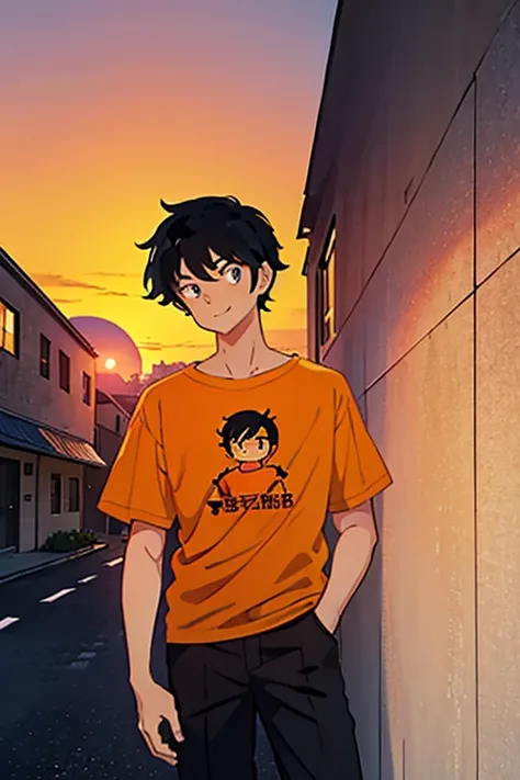 a black haired boy, wearing an orange t-shirt leaning his back against a wall, seen in profilehas a smile and looks at the viewe...