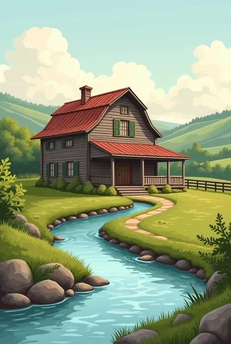 A farm logo with an old rustic house and a river running in front Simple image
