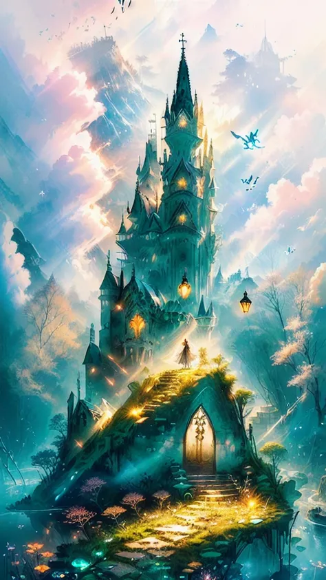 A ray of light shines into the darkness, A ruined castle is depicted in detail、Submerged City、Detailed ruins、Anime Style、Picture book style、Fantasy、A forest trapped in a glass ball、Fairy、White light、Aoi-iro no hanabataHighest quality in 4K and 8K resolutio...