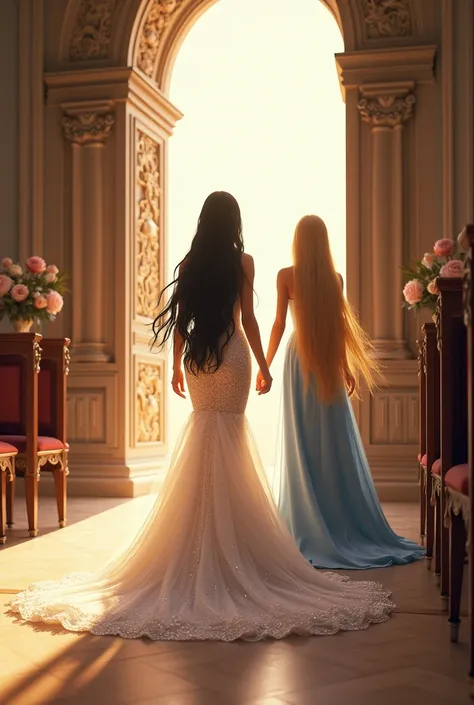 It&#39;s a beautiful woman with long black hair is entering a church dressed as a bride in a gorgeous dress with diamonds on the seats. There are people sitting watching the entrance as the sun comes through the door and they are beautiful decorations of r...