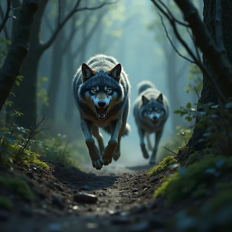 This image shows an adorable little fat wolf cub running away in panic along a forest path. A dangerous-looking wolf is chasing him., Mouth open，Visible teeth. Looks like she&#39;s chasing the fat wolf&#39;s child. Another wolf is also visible in the backg...