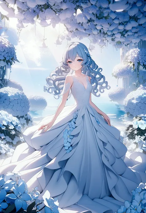 Craft a stunning 3D anime character with voluminous, curly hair, set in an abstract, romantic scene filled with a sea of delicate light blue flowers, highlighting a dreamy and beautiful aesthetic