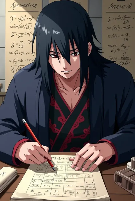 Create a 2d image of madara uchiha in which he is solving calculas problem. It is a 2d anime character. He has put on a usual dress he wears in naruto anime