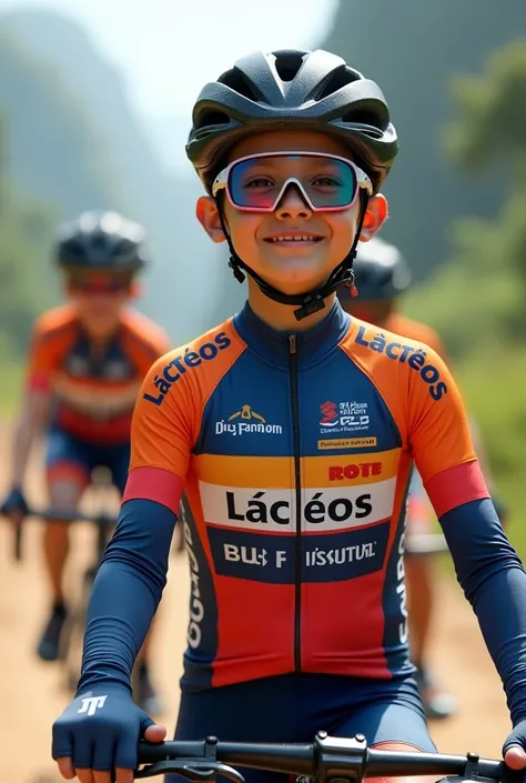 Cycling uniform for  children alluding to the following sponsors , Greek yogurt ñacteos don juan main sponsor . Dr Rosana Ramirez pathologist secondary sponsor,  rhm aito spare parts spare parts , tertiary sponsor. 
 Additional new palm farm , Educate ,all...