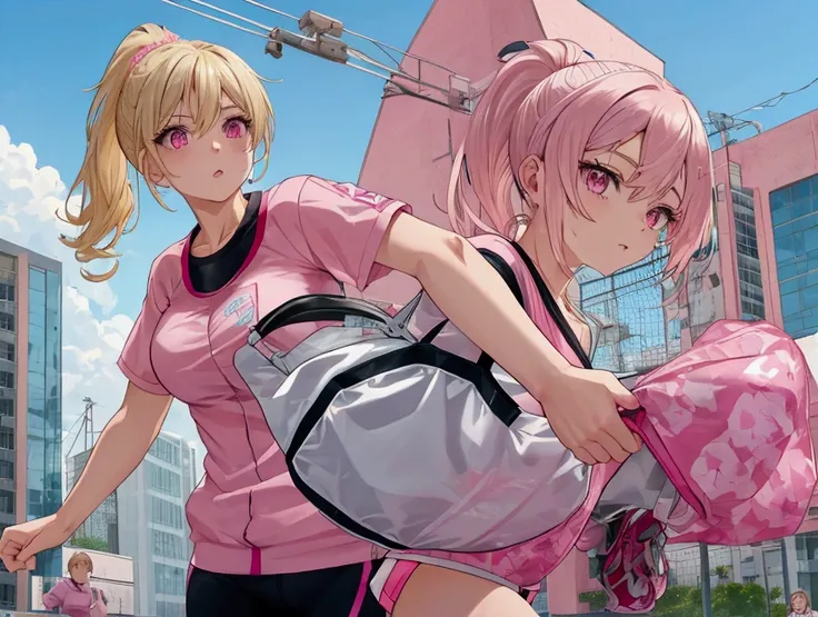 (1 Adult woman), ponytail blonde hair, pink eyes, trainer clothes, running, morning