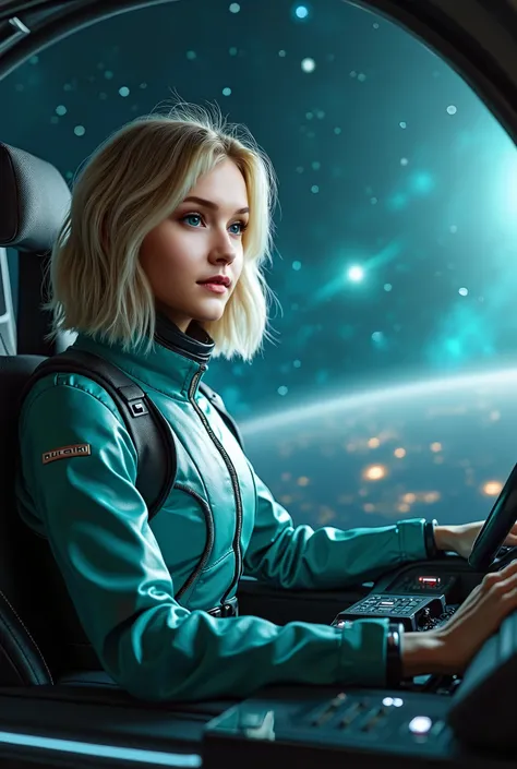 A gorgeous Blonde Woman with a French bob hair style in a teal and grey uniform sits in the padded pilots seat of a spaceship, her hands are on the controls, she has a soft smile, she is looking out at a beautiful starry night. detailed facial features, in...