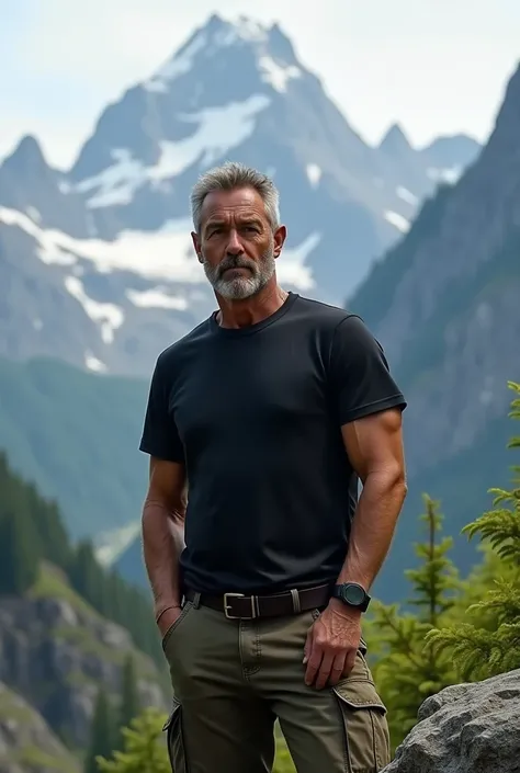 High detail, super detail, Super High Resolution, man wearing black regular t-shirt, celana cargo jeans, hand holding pocket, mountain background