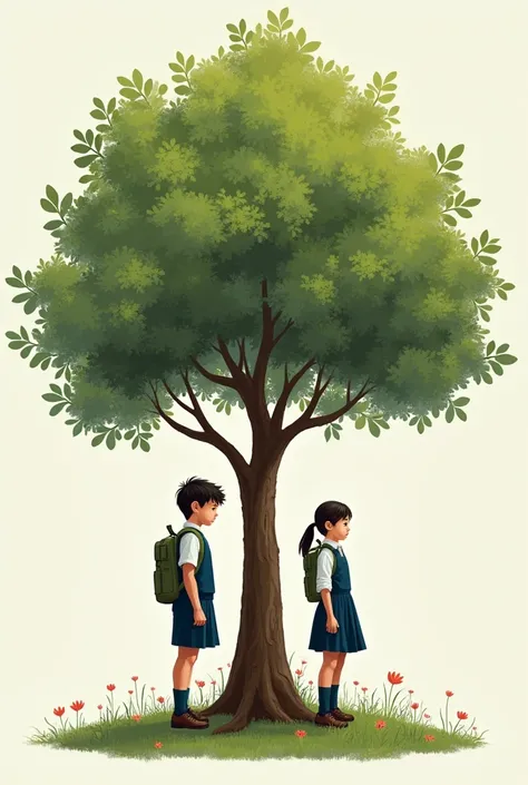 Create an elder tree and below it 2 young people in school uniforms aged 14 