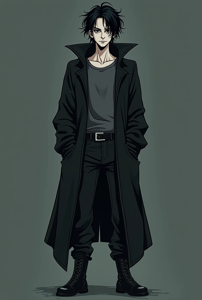 A tall, pale, teenage vampire with a brooding and mysterious vibe, depicted in a retro cartoon art style. He has long, disheveled and tousled black hair that hangs over his dark eyes and drapes down his neck. His expression is a confident smirk, adding to ...