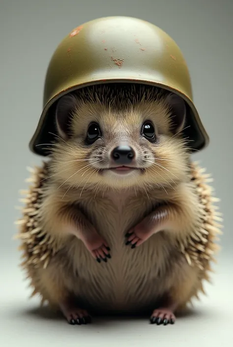 A hedgehog with a World War II helmet diagonally