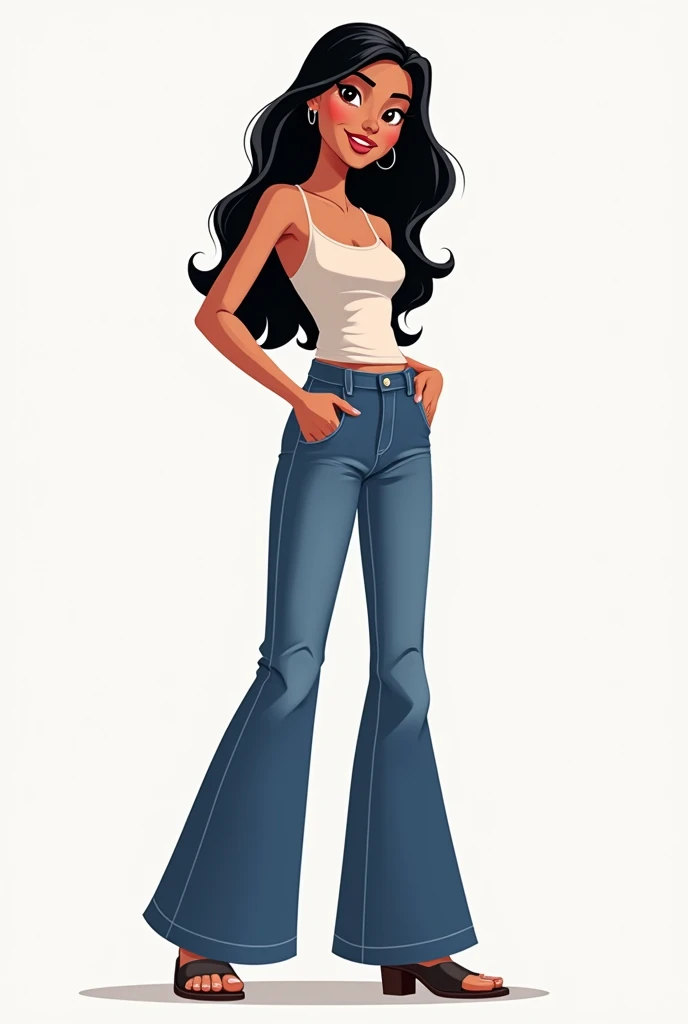 I want to create an animated logo with the name of Virtuosa, it is a brand of women&#39;s jeans and I want a girl to appear with wide leg jeans, long black hair and white skin wearing a top and shoes that looks super cute.