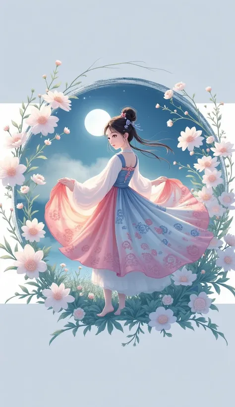 best quality, high_resolution, distinct_image, detailed background ,girl, hanbok,flower,garden,moon, night,