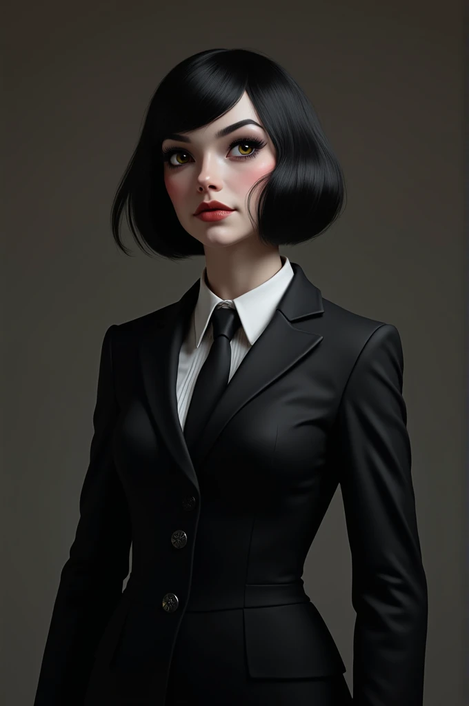 Wandinha in a suit looking to the right 