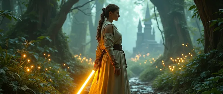 jedi woman, Master of strength curvy figure,toned body,modest attire,golden lightsaber , Gold and tourmaline jewelry, dense forest landscape,plants with their own light, wizard castle