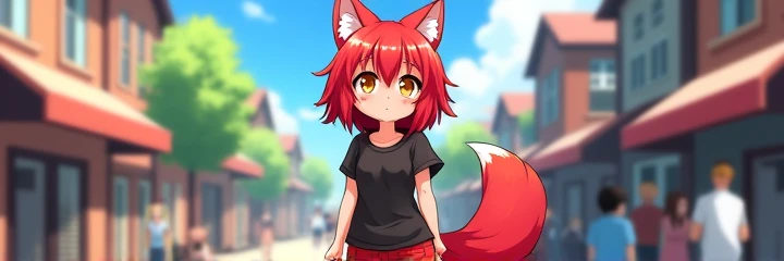 Garota de anime furry, with red hair and yellow eyes, with red cat ears and tail, wearing a black shirt and red short shorts, she is in a square during the day.