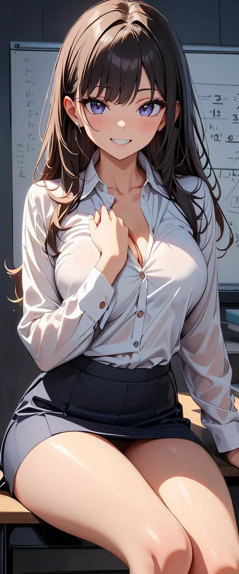 (highest quality:1.2, Very detailed, Latest, Vibrant, Ultra-high resolution, High Contrast, masterpiece:1.2, highest quality, Best aesthetics), Beautiful female teacher, sexy, business suit, No tie, Tight Skirt, Beautiful thighs revealed, Best Body Line, B...