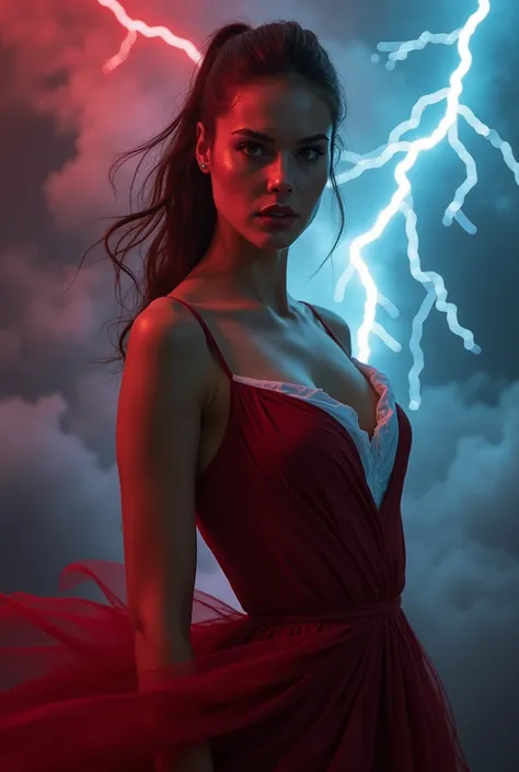 Make me a beautiful young woman wearing dark red dress with white  inside pose is strong a leader
fierce 
Clouds and RED AND BLUE Thunder RED and BLUE in the background 