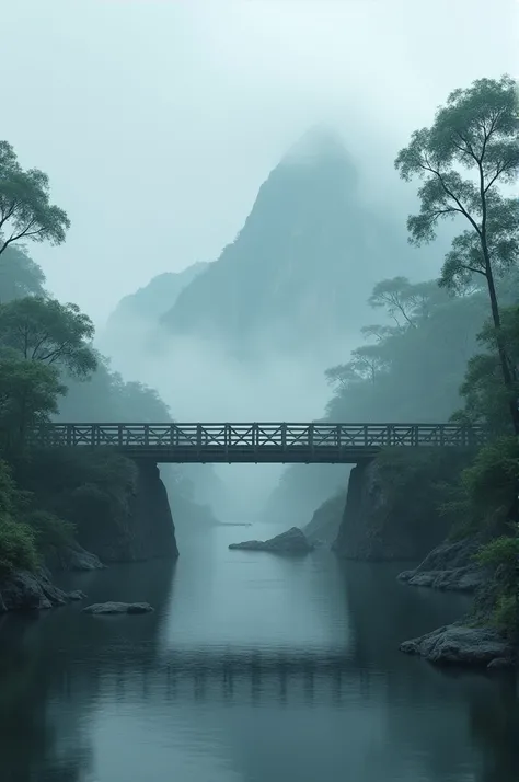 A brridge side of it a mountain in monsoon and un fog