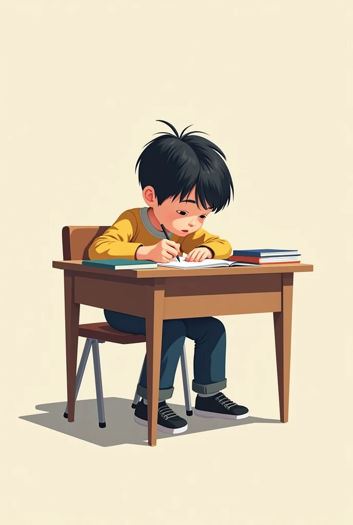 A boy is studing on desk, its 2d image. His hair is like jonkkooks hair 