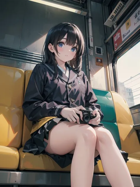 "(masterpiece, High resolution, Ultra High resolution, 4K) Black Hair, Japanese Girls , Uniform skirt, Accentuate your thighs, White thighs, Soft thighs, Great thighs, Sitting on a train, Facing angle, (Angle from below),sitting in a train seat,sitting in ...