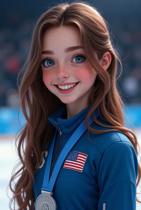 One teenage girl, dark brown reddish hair, blue eyes, long hair, holding a silver medal, wearing a medal around her neck, female figure ice skater, wearing a blue united states winter sports jacket, frekles, smiling, looking at the camera, realistic, photo...