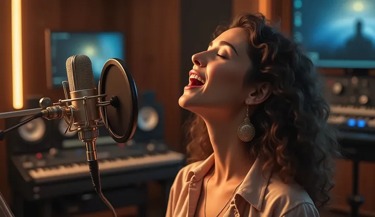 (photorealism:1.2), a woman singing and praying in a modern recording studio, capturing the essence of Christian atmosphere, vibrant colors, emotional expression, soft lighting, beautifully detailed, cinematic composition, music equipment in the background...