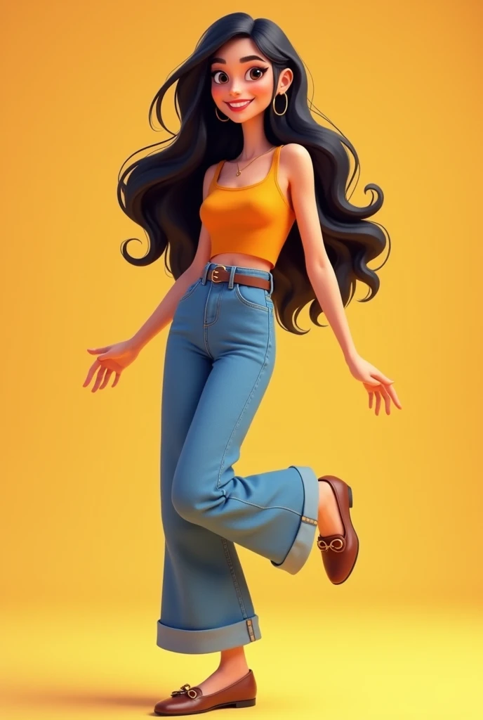 I want a picture of a girl wearing wide leg jeans, that has long black hair, light skin, and that he is slightly lifting one foot, with a super youth top , that has the youthful face of a 20-year-old, and wear flat shoes all this in animation 