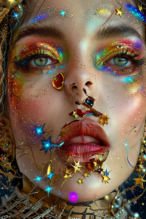 a woman in space, floating among stars, highly detailed face and expression, beautiful detailed eyes, beautiful detailed lips, extremely detailed eyes and face, long eyelashes, digital art, surreal, cinematic lighting, vibrant colors, 8k, hyper realistic, ...