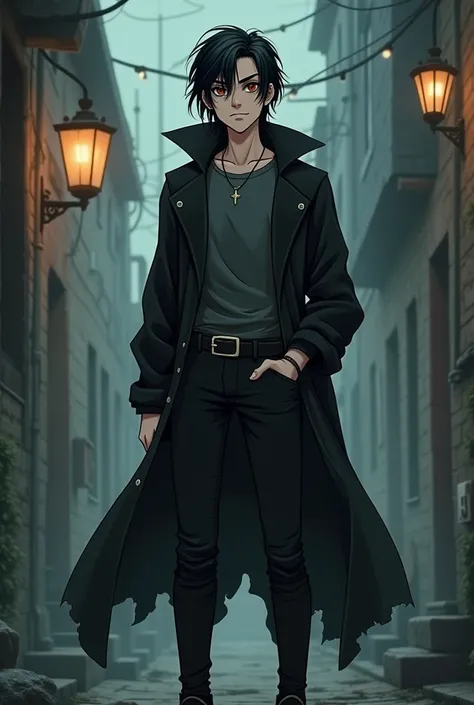 A tall, pale, teenage vampire with a brooding and mysterious vibe, depicted in a retro cartoon art style. He has long, disheveled and tousled black hair with a widows peak that hangs over his dark eyes and drapes down his neck. His expression is a confiden...