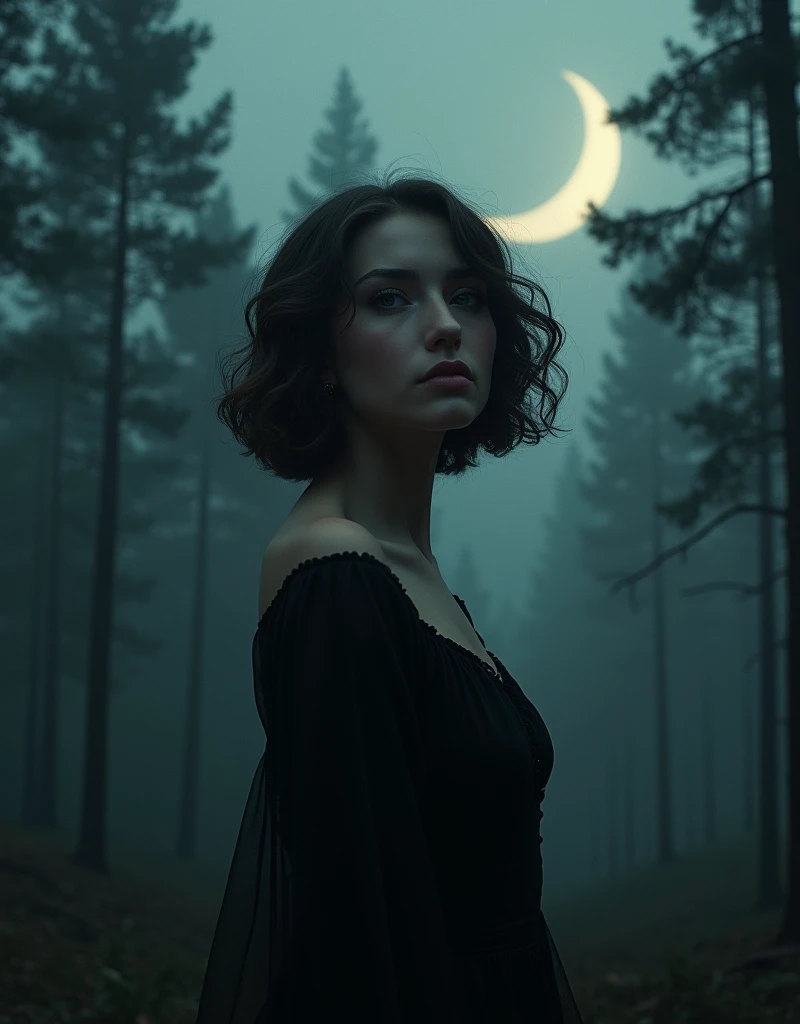 a woman in a dark and cold pine forest with mist, a crescent moon illuminating the forest, woman with short curly hair, round face, brown skin, medium thin nose, beautiful detailed eyes, beautiful detailed lips, extremely detailed eyes and face, long eyela...