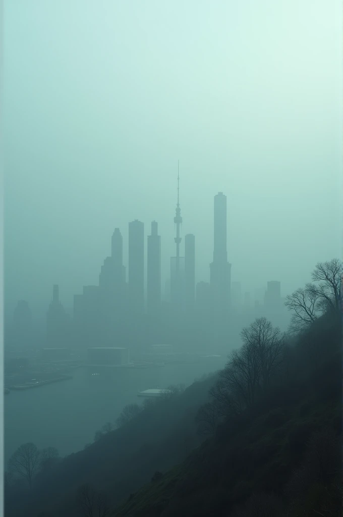 The view from the hill area reveals a city shrouded in fog that is so thick that it limits the viewing distance.