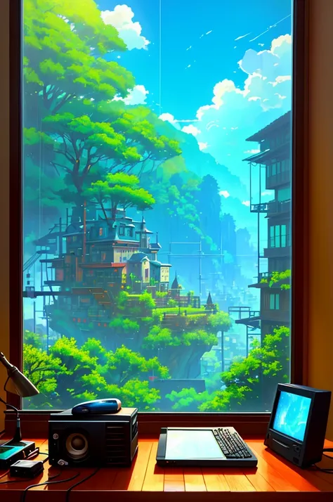 an old computer on a table in front of a window, a photo, by sylvain sarrailh, winner of the pixiv contest, concept art, lush landscape, green and blue colors, a day after it rained, ghibli art style