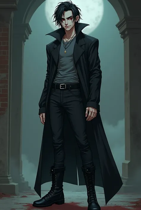 A tall, pale, teenage vampire with a brooding and mysterious vibe, depicted in a retro cartoon art style. He has long, disheveled and tousled black hair with a widows peak that hangs over his dark eyes and drapes down his neck. His expression is a confiden...