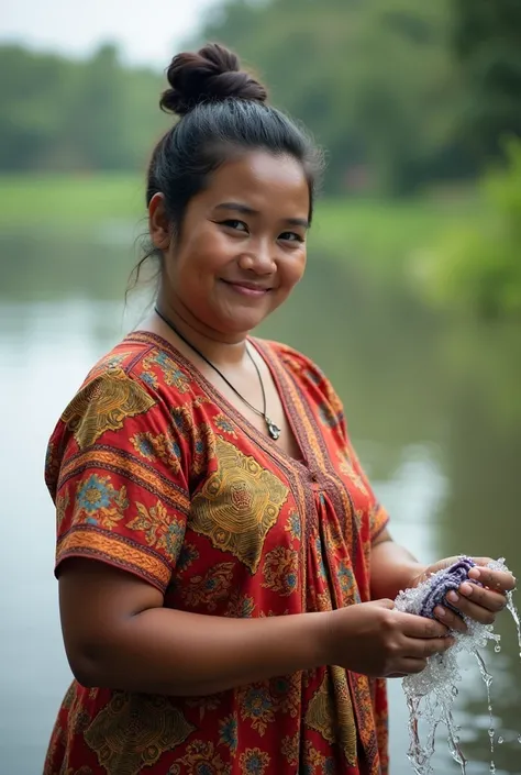 A beautiful Indonesian woman, quite chubby, hair tied up, batik tubedress, sitting on a flat stone while washing clothes, rural lake as background detail, look at the viewer, natural light, realistic photography, wide angle sHot,