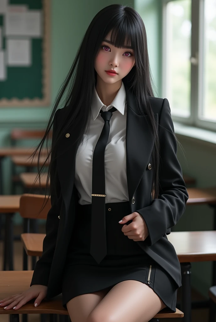 (best quality:1.1), (Masterpiece:1.2), High quality shadow, Beautiful details, Beautiful face, Detailed eyes, depth of field, High resolution, best shadow, best lighting, 1 girl, see viewers, black hair, smooth, blunt, long hair, pink eyes, shy, very big b...