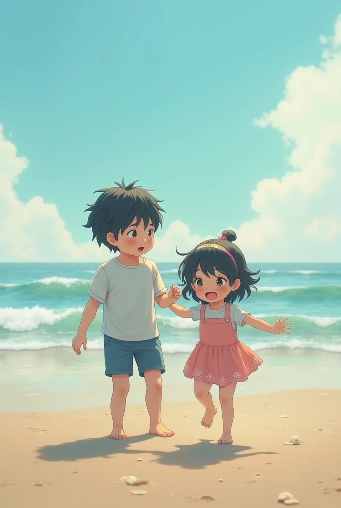 (photorealism:1.2), boy and sister at beach, black hair, chromatic aberration, Surrealism, Realism, UHD, retina, super detail, high details, high quality, best quality, 8k