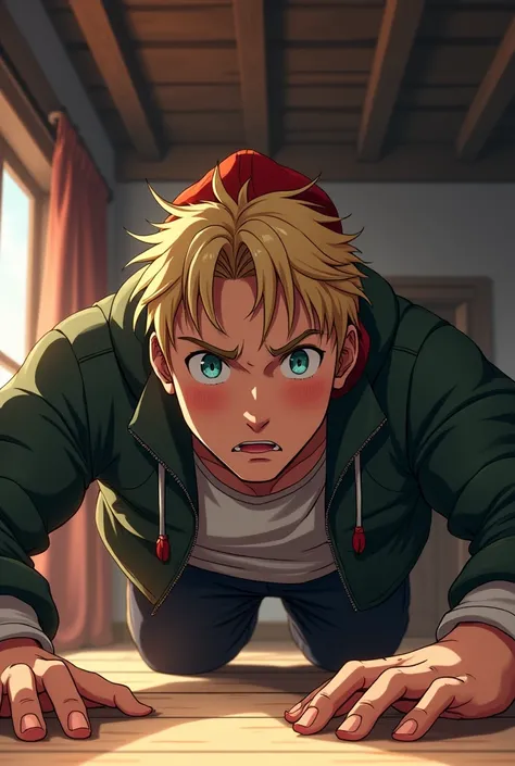 Anime style image.
Russian: blonde man, celeste eyes, corpulent, manly, with strong facial features, Love, wear thick clothing (closed shirt, chaqueta y Pants) and a ushanka.
Russian mira hacia la cámara.
Panoramic view from the floor to the ceiling as if ...