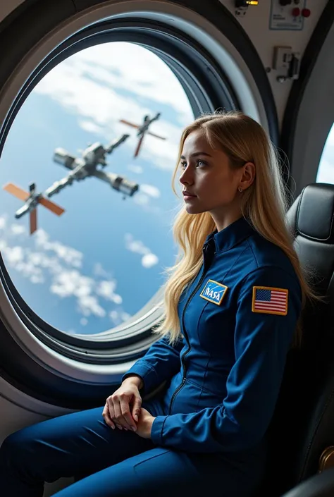 Beautiful blonde woman by profession astronaut, Navy blue dress uniform, On his arm he has the Mexican flag and the NASA logo., sitting in the cabin, watching the international space station with the earth in the background from the window